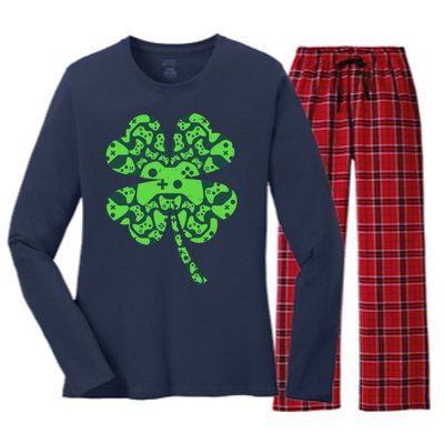 St Patricks Day Shamrock Clover Video Game Controllers Gamer Women's Long Sleeve Flannel Pajama Set 