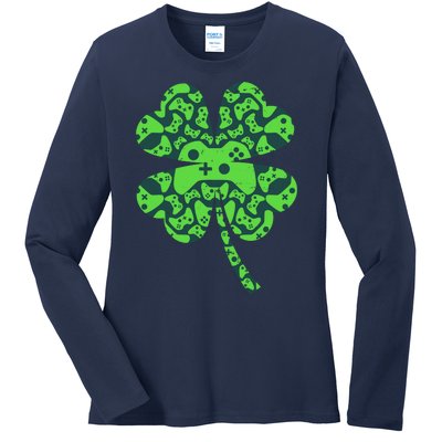 St Patricks Day Shamrock Clover Video Game Controllers Gamer Ladies Long Sleeve Shirt