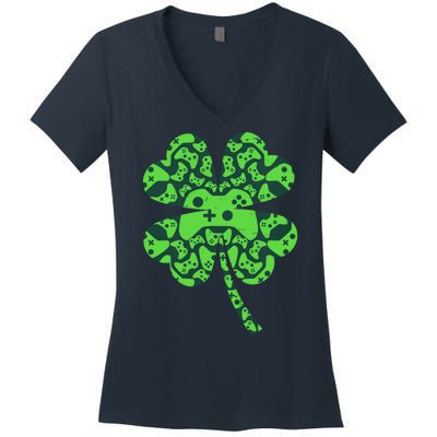 St Patricks Day Shamrock Clover Video Game Controllers Gamer Women's V-Neck T-Shirt