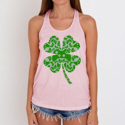 St Patricks Day Shamrock Clover Video Game Controllers Gamer Women's Knotted Racerback Tank