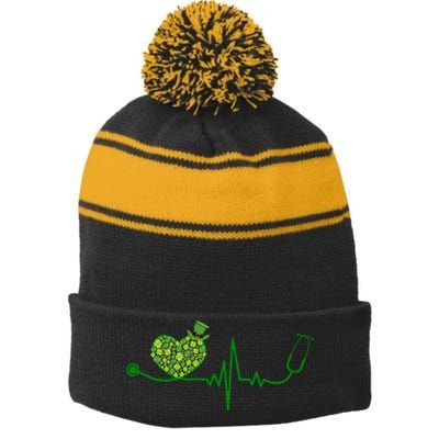 St Patricks Day Heartbeat Nurse Stripe Pom Pom Beanie