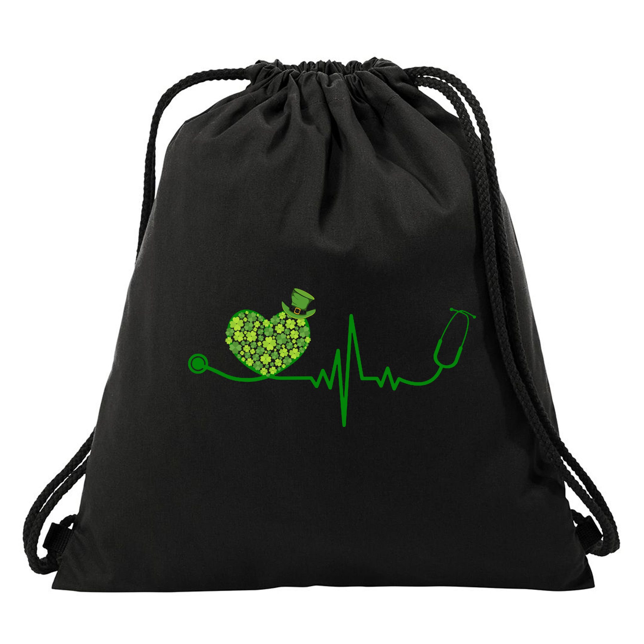 St Patricks Day Heartbeat Nurse Drawstring Bag