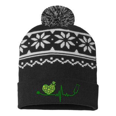 St Patricks Day Heartbeat Nurse USA-Made Snowflake Beanie