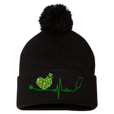 St Patricks Day Heartbeat Nurse Pom Pom 12in Knit Beanie