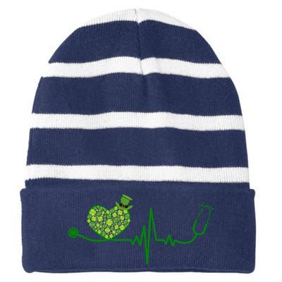 St Patricks Day Heartbeat Nurse Striped Beanie with Solid Band