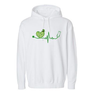 St Patricks Day Heartbeat Nurse Garment-Dyed Fleece Hoodie