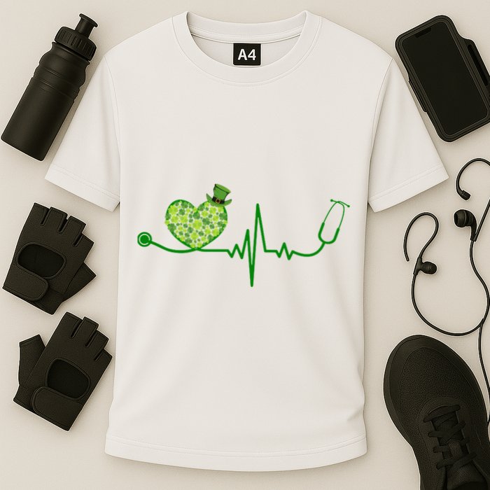 St Patricks Day Heartbeat Nurse Cooling Performance Crew T-Shirt