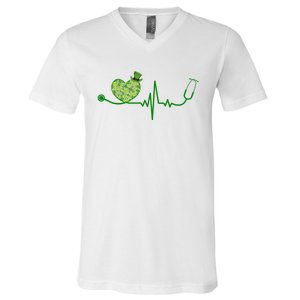 St Patricks Day Heartbeat Nurse V-Neck T-Shirt