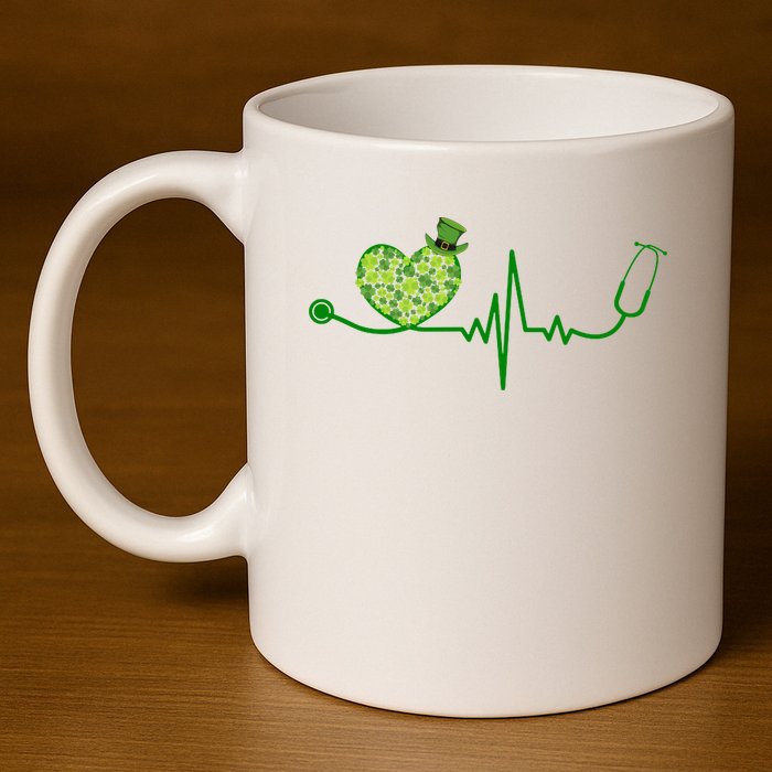 St Patricks Day Heartbeat Nurse 11oz C Handle Ceramic Mug