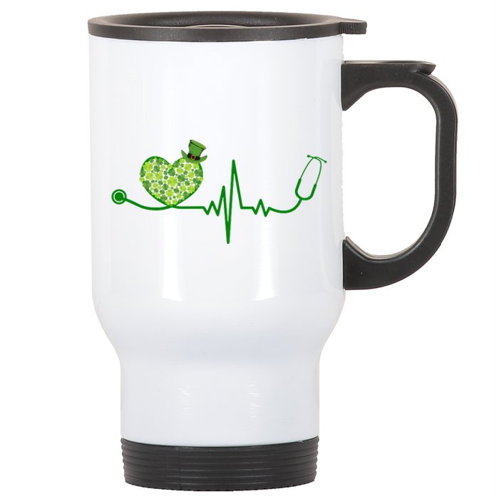 St Patricks Day Heartbeat Nurse Stainless Steel Travel Mug