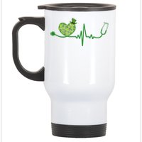 St Patricks Day Heartbeat Nurse Stainless Steel Travel Mug