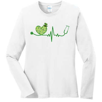 St Patricks Day Heartbeat Nurse Ladies Long Sleeve Shirt