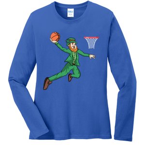 St Patricks Day Basketball Dunk Leprechaun Cute Gift Ladies Long Sleeve Shirt