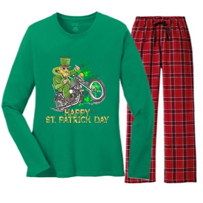 St Patrick Day Motorcycle Bike Biker Rider Plus Size Women's Long Sleeve Flannel Pajama Set 