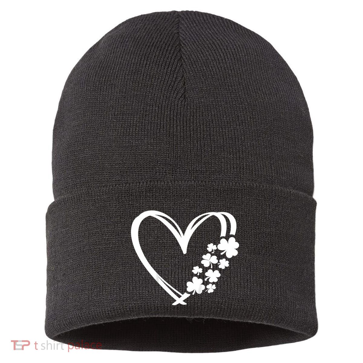 St Patricks Day Irish Heart Shamrocks Sustainable Knit Beanie