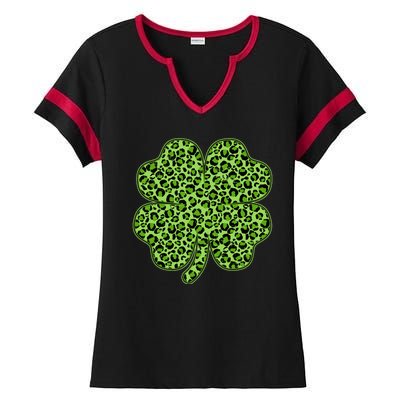 St Patrick's Day Leopard Print Shamrock Clover Ladies Halftime Notch Neck Tee