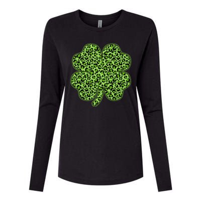 St Patrick's Day Leopard Print Shamrock Clover Womens Cotton Relaxed Long Sleeve T-Shirt