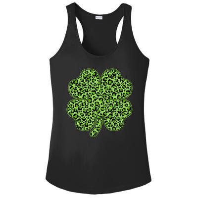 St Patrick's Day Leopard Print Shamrock Clover Ladies PosiCharge Competitor Racerback Tank