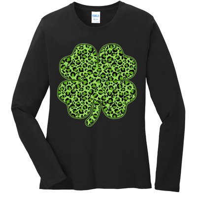 St Patrick's Day Leopard Print Shamrock Clover Ladies Long Sleeve Shirt