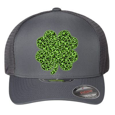 St Patrick's Day Leopard Print Shamrock Clover Flexfit Unipanel Trucker Cap