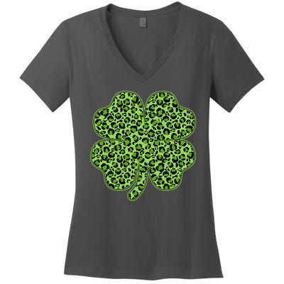 St Patrick's Day Leopard Print Shamrock Clover Women's V-Neck T-Shirt