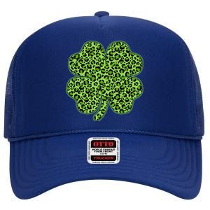 St Patrick's Day Leopard Print Shamrock Clover High Crown Mesh Back Trucker Hat