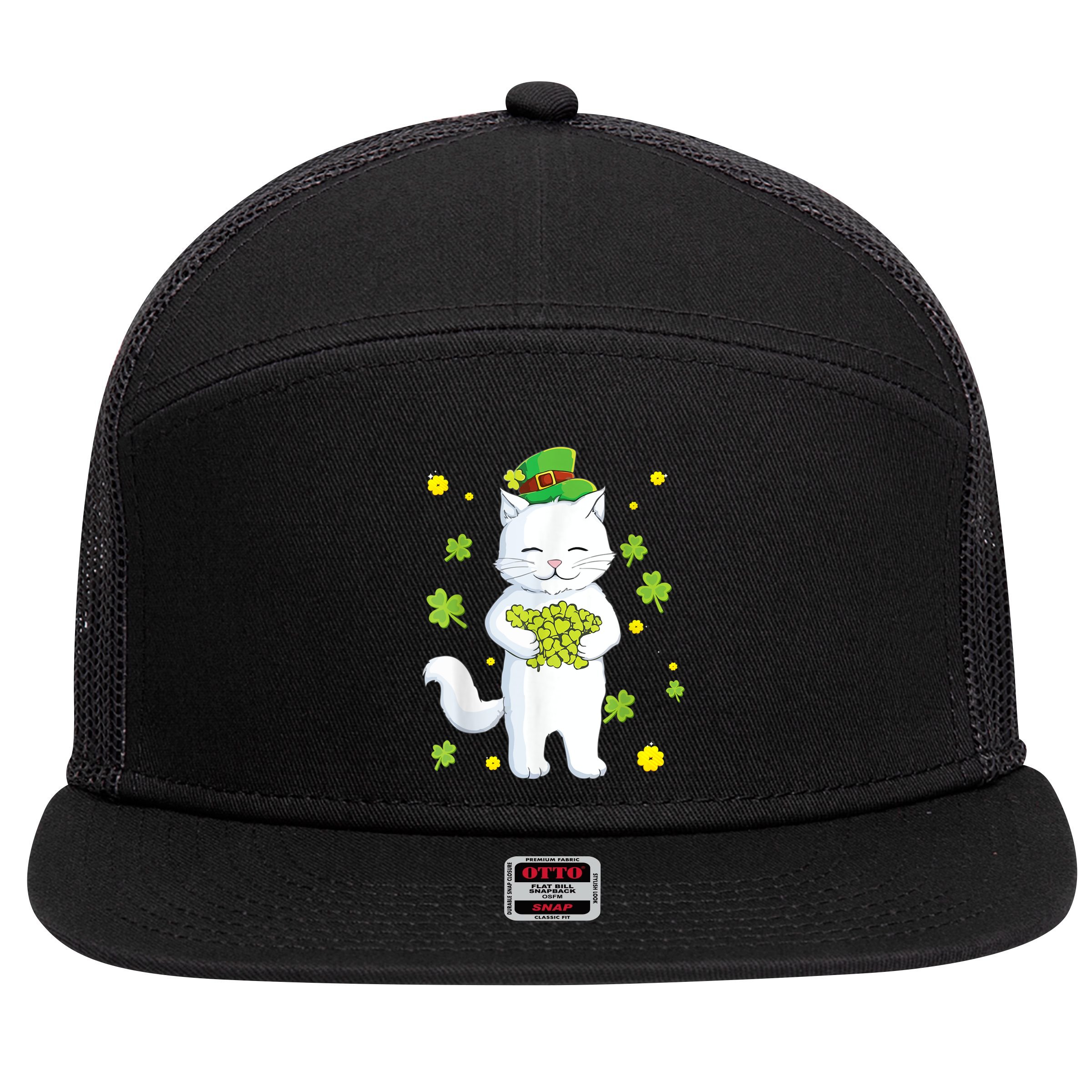 St Patrick's Day Cat Leprechaun Cat Lover Shamrock 7 Panel Mesh Trucker Snapback Hat