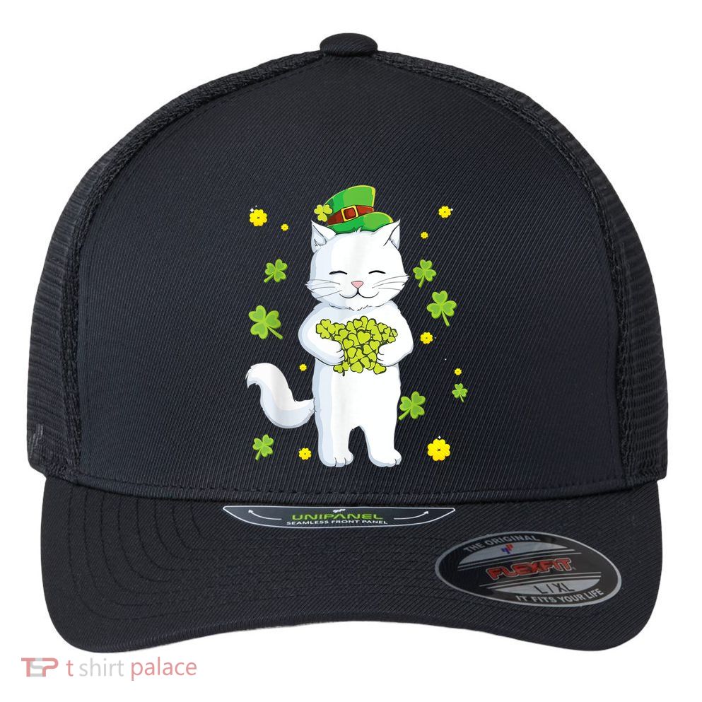 St Patrick's Day Cat Leprechaun Cat Lover Shamrock Flexfit Unipanel Trucker Cap