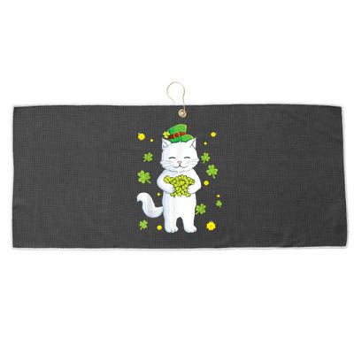 St Patrick's Day Cat Leprechaun Cat Lover Shamrock Large Microfiber Waffle Golf Towel