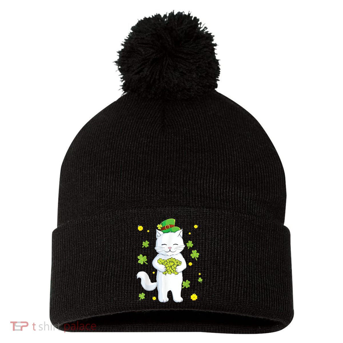 St Patrick's Day Cat Leprechaun Cat Lover Shamrock Pom Pom 12in Knit Beanie