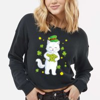 St Patrick's Day Cat Leprechaun Cat Lover Shamrock Cropped Pullover Crew