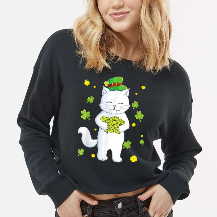 St Patrick's Day Cat Leprechaun Cat Lover Shamrock Cropped Pullover Crew