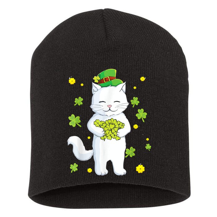 St Patrick's Day Cat Leprechaun Cat Lover Shamrock Short Acrylic Beanie
