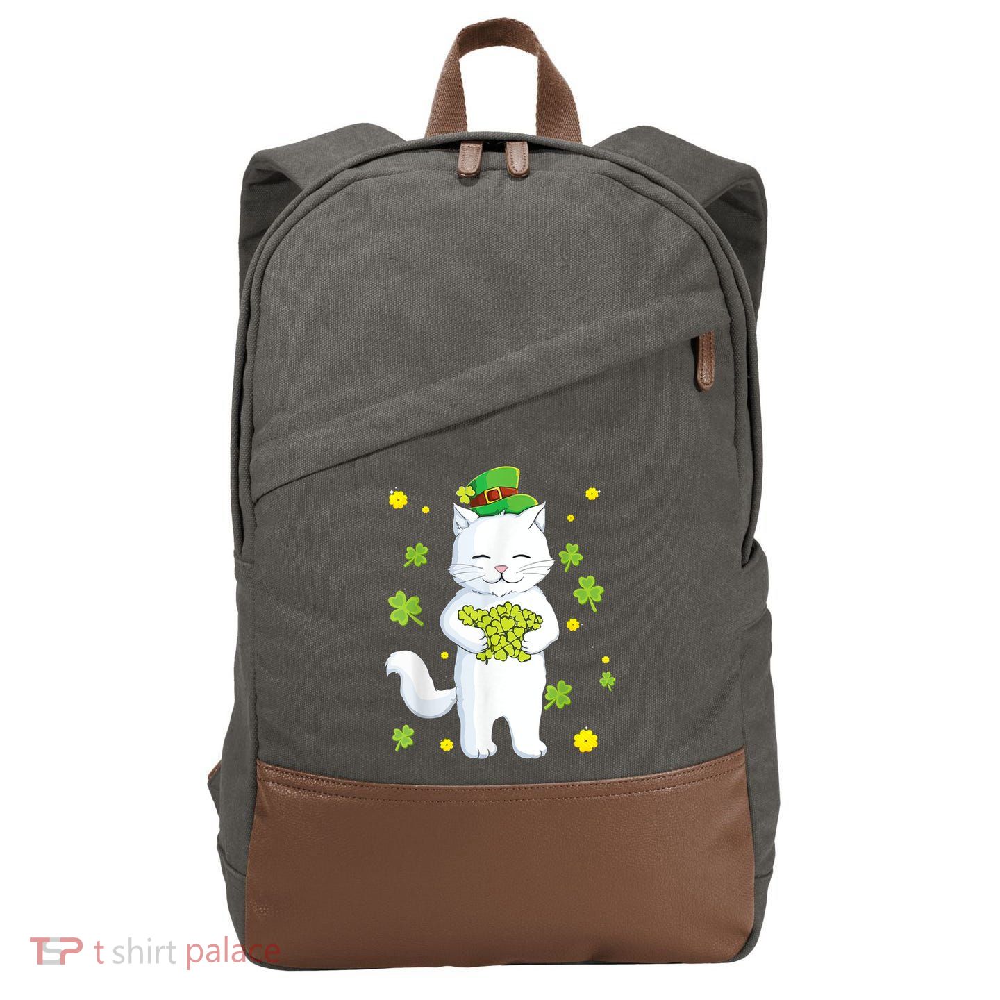 St Patrick's Day Cat Leprechaun Cat Lover Shamrock Cotton Canvas Backpack