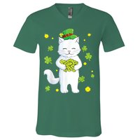 St Patrick's Day Cat Leprechaun Cat Lover Shamrock V-Neck T-Shirt