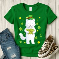 St Patrick's Day Cat Leprechaun Cat Lover Shamrock Womens T-Shirt
