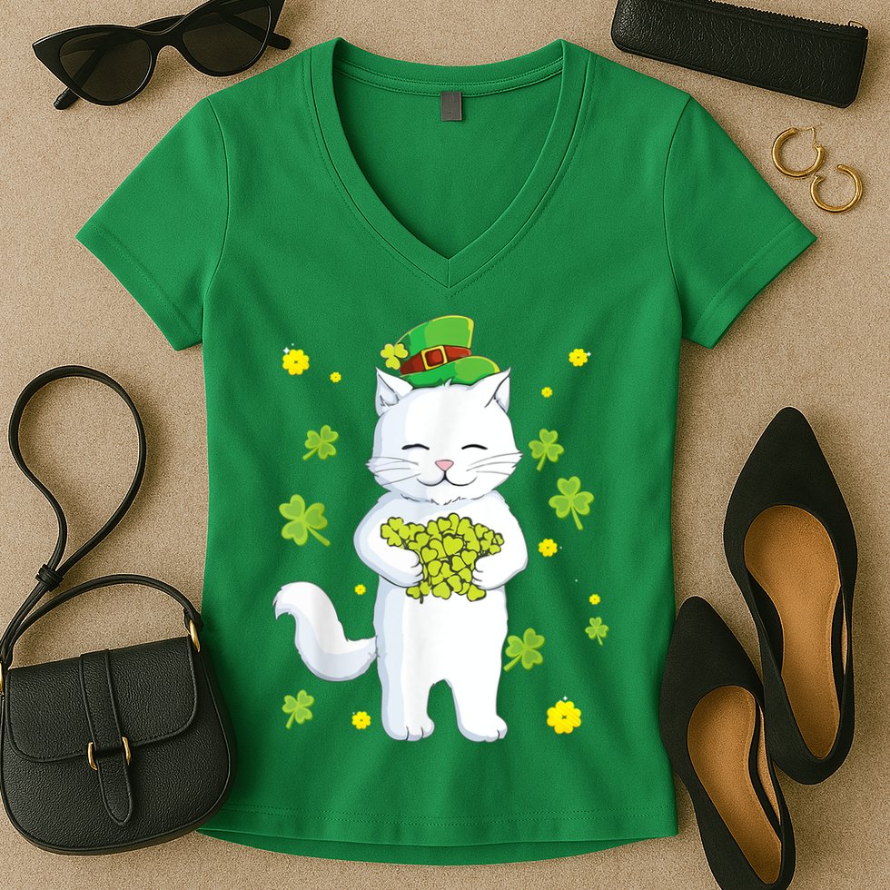 St Patrick's Day Cat Leprechaun Cat Lover Shamrock Women's V-Neck T-Shirt