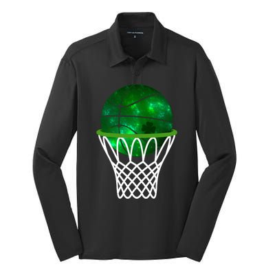 St Patricks Day Shamrock Basketball Irish Silk Touch Performance Long Sleeve Polo