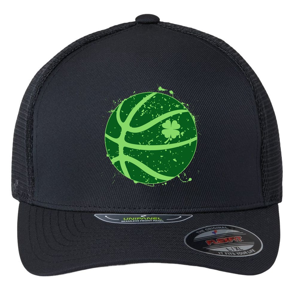 St Patrick's Day Lucky Shamrock Paint Splat Basketball Flexfit Unipanel Trucker Cap