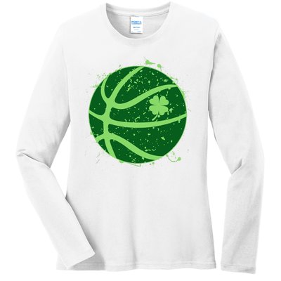 St Patrick's Day Lucky Shamrock Paint Splat Basketball Ladies Long Sleeve Shirt