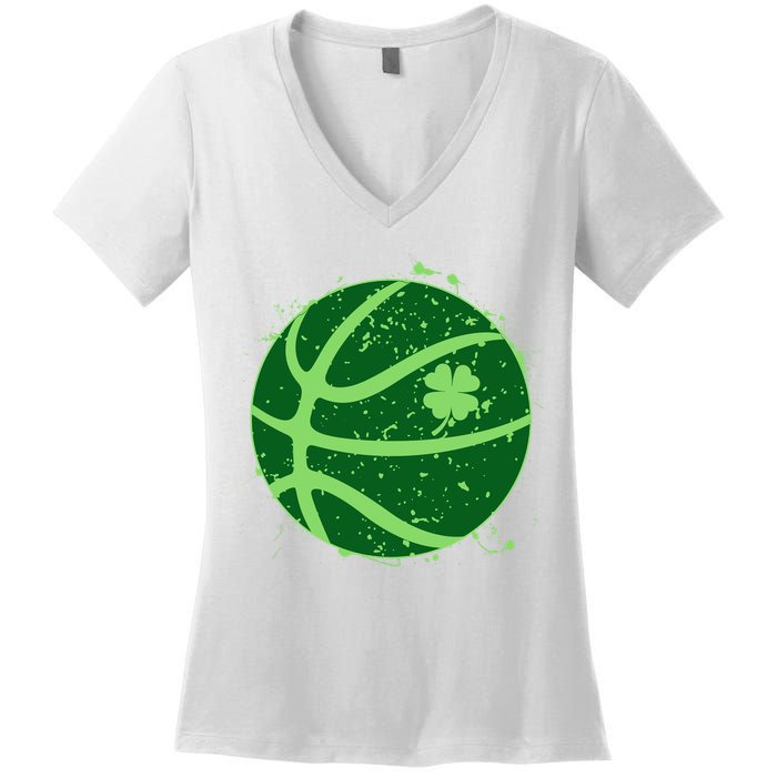 St Patrick's Day Lucky Shamrock Paint Splat Basketball Women's V-Neck T-Shirt