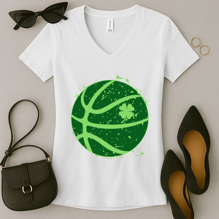 St Patrick's Day Lucky Shamrock Paint Splat Basketball Women's V-Neck T-Shirt