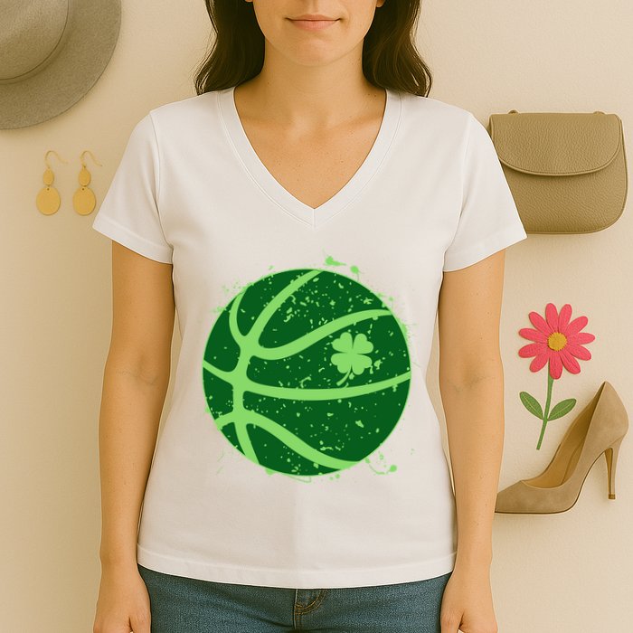St Patrick's Day Lucky Shamrock Paint Splat Basketball Women's V-Neck T-Shirt