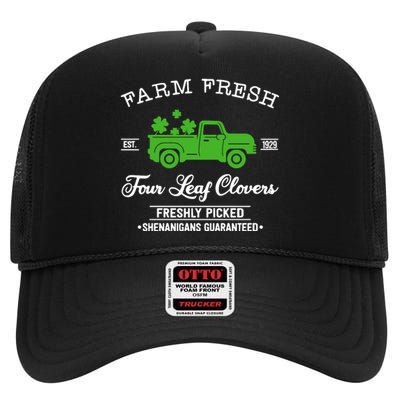 St Patricks Day Farm Fresh Four Leaf Clovers Farmhouse Truck High Crown Mesh Back Trucker Hat