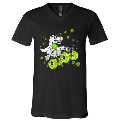 St Patricks Day Monster Truck Dinosaur V-Neck T-Shirt