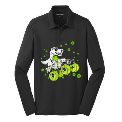 St Patricks Day Monster Truck Dinosaur Silk Touch Performance Long Sleeve Polo