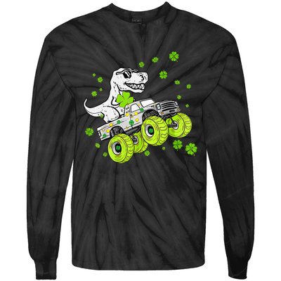 St Patricks Day Monster Truck Dinosaur Tie-Dye Long Sleeve Shirt