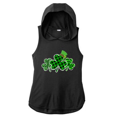 St Patricks Day Shirts Three Leopard And Plaid Shamrocks Ladies PosiCharge Tri-Blend Wicking Draft Hoodie Tank