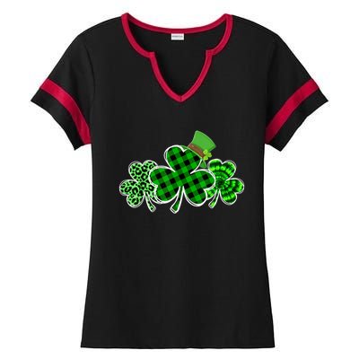 St Patricks Day Shirts Three Leopard And Plaid Shamrocks Ladies Halftime Notch Neck Tee