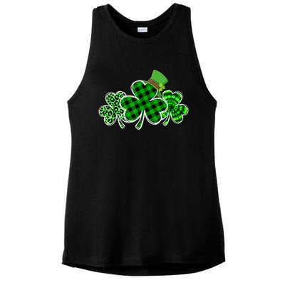 St Patricks Day Shirts Three Leopard And Plaid Shamrocks Ladies PosiCharge Tri-Blend Wicking Tank